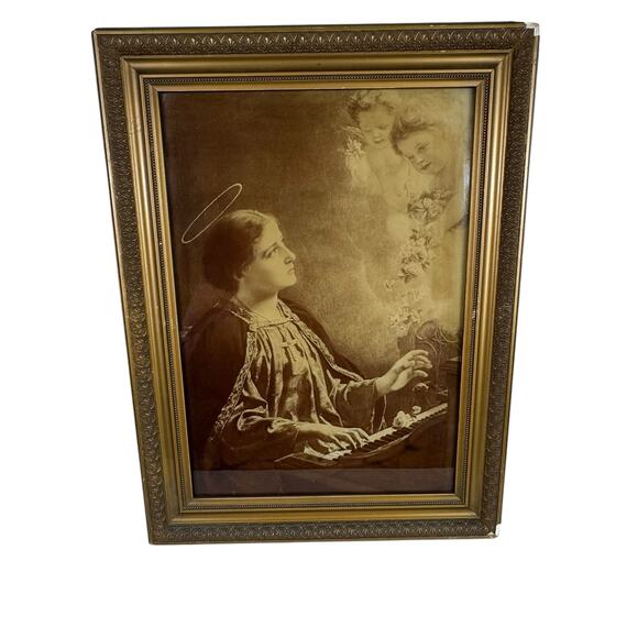 Vintage Antique Saint Cecilia Cherubs Angels Famed Print Gustav Naujok 1900s